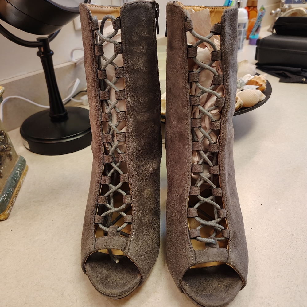 Women’s Taupe Suede Peep-Toe Lace-Up Booties
